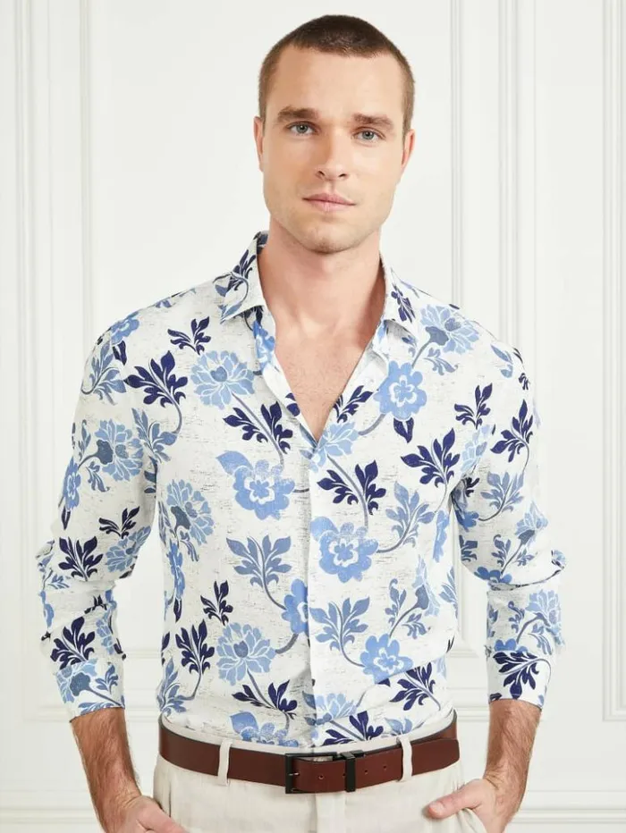 Men GUESS Shirts Eco Benny Paul Shirt Blue Macro Flower Print