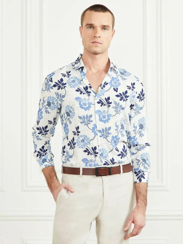 Men GUESS Shirts Eco Benny Paul Shirt Blue Macro Flower Print