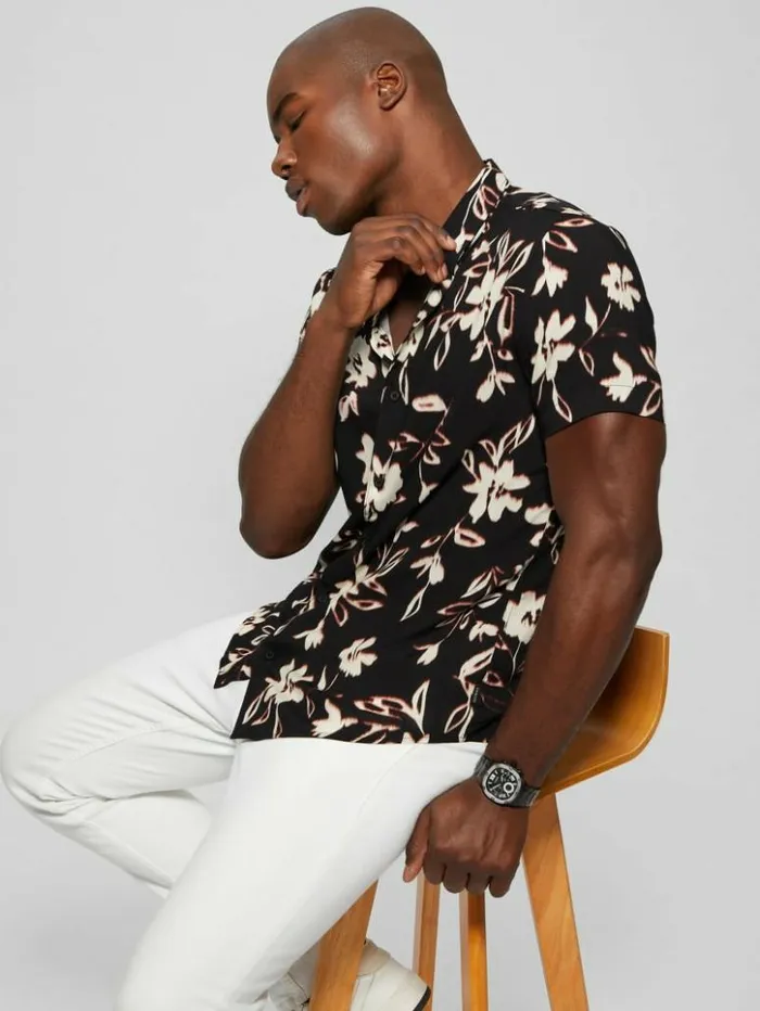 Men GUESS Shirts Eco Ikat Floral ShortSleeve Shirt Floral Ikat Black