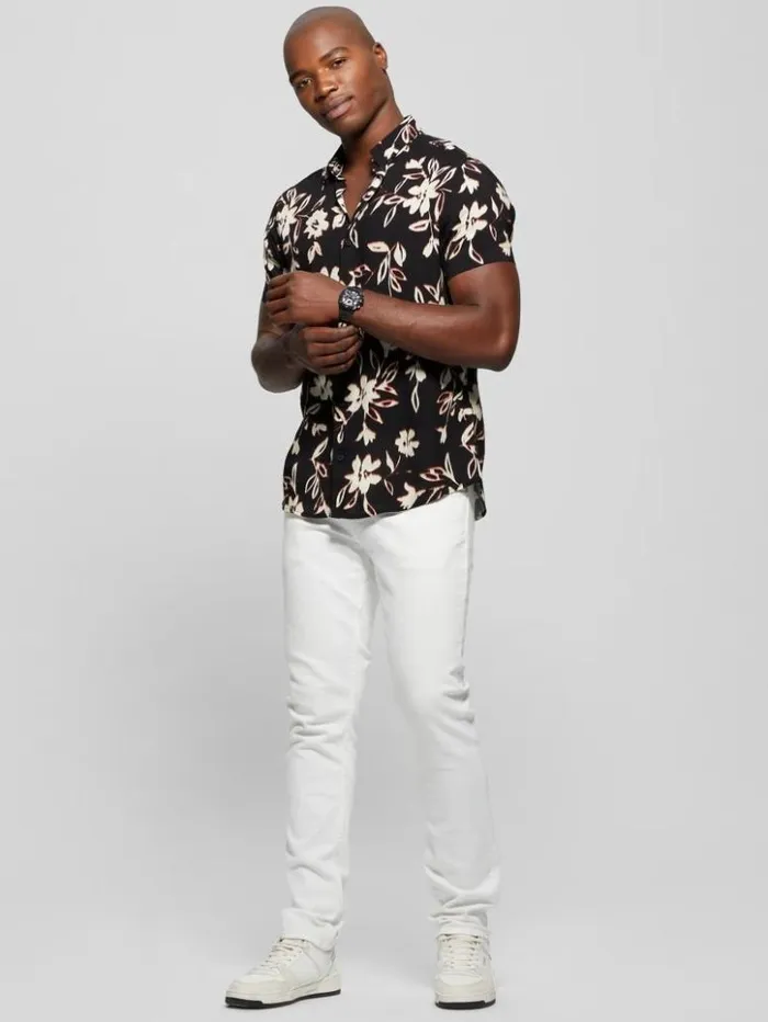 Men GUESS Shirts Eco Ikat Floral ShortSleeve Shirt Floral Ikat Black
