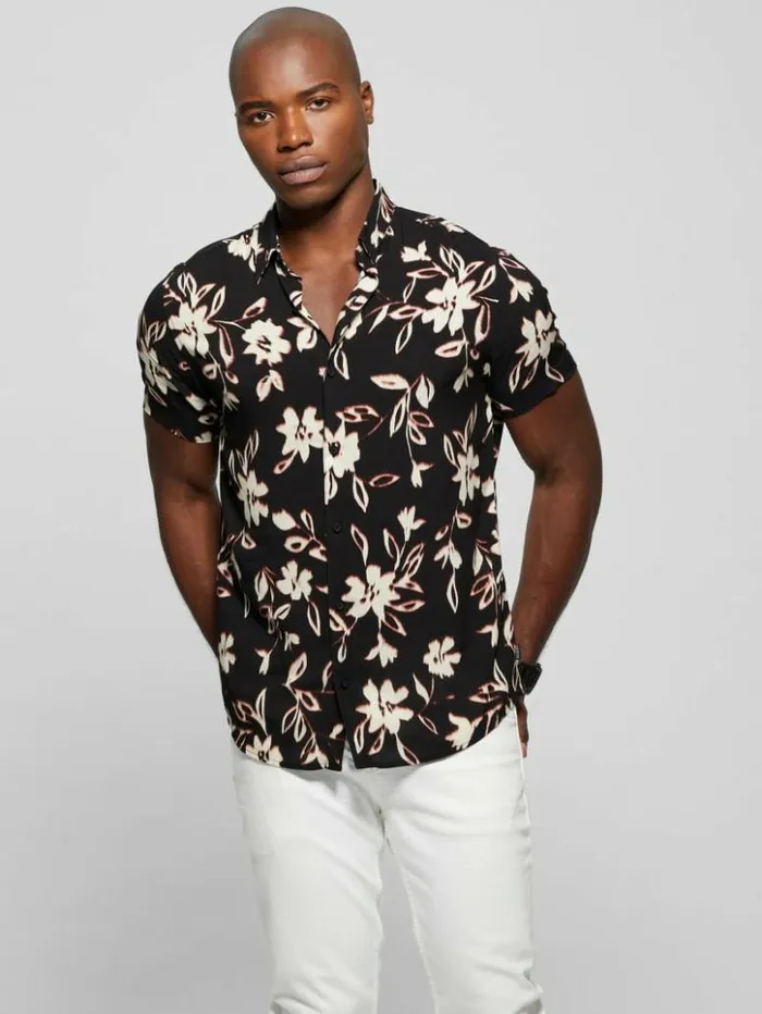 Men GUESS Shirts Eco Ikat Floral ShortSleeve Shirt Floral Ikat Black