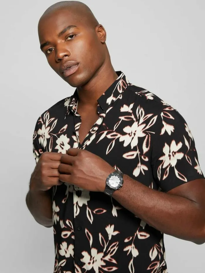 Men GUESS Shirts Eco Ikat Floral ShortSleeve Shirt Floral Ikat Black
