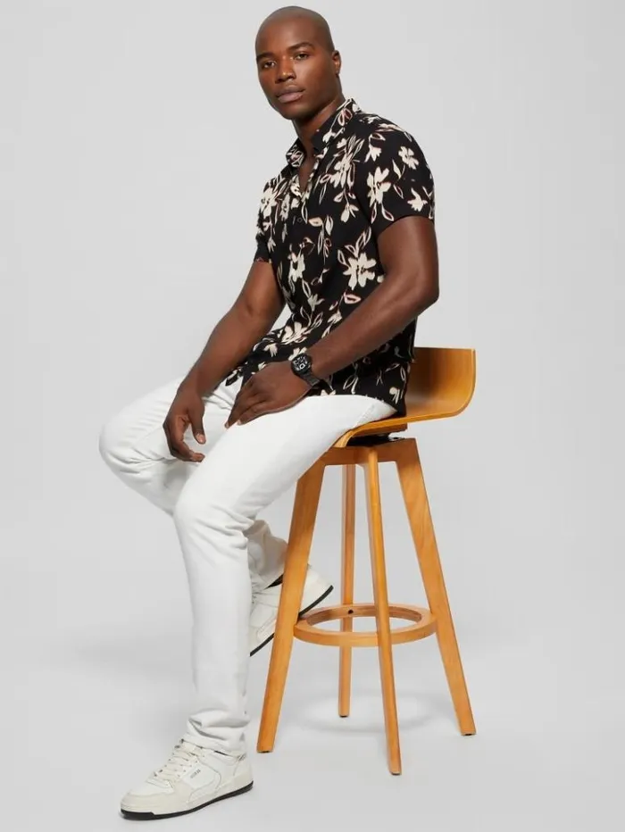 Men GUESS Shirts Eco Ikat Floral ShortSleeve Shirt Floral Ikat Black