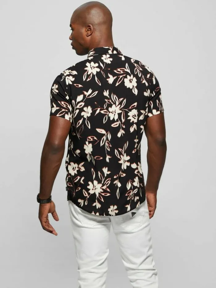 Men GUESS Shirts Eco Ikat Floral ShortSleeve Shirt Floral Ikat Black