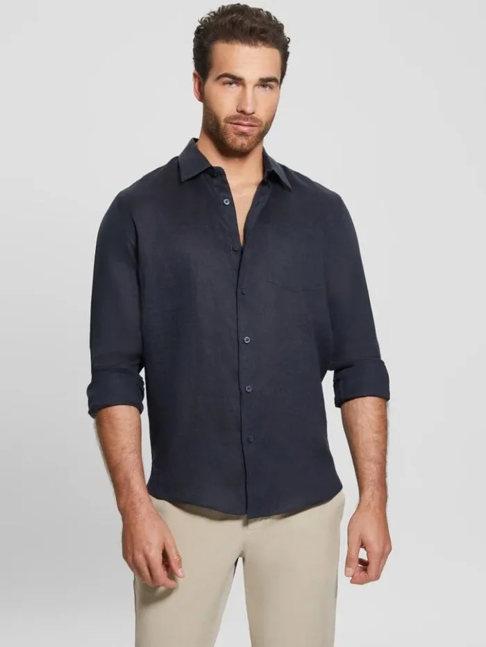Men GUESS Shirts Eco Island Linen Shirt Bleu lgant