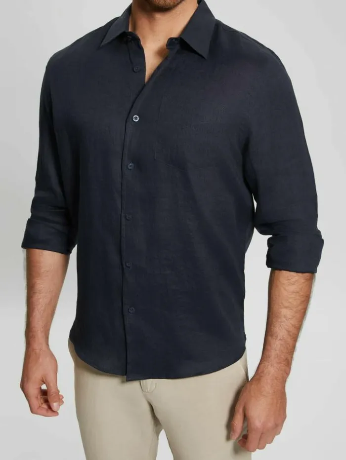 Men GUESS Shirts Eco Island Linen Shirt Bleu lgant