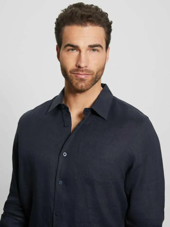 Men GUESS Shirts Eco Island Linen Shirt Bleu lgant