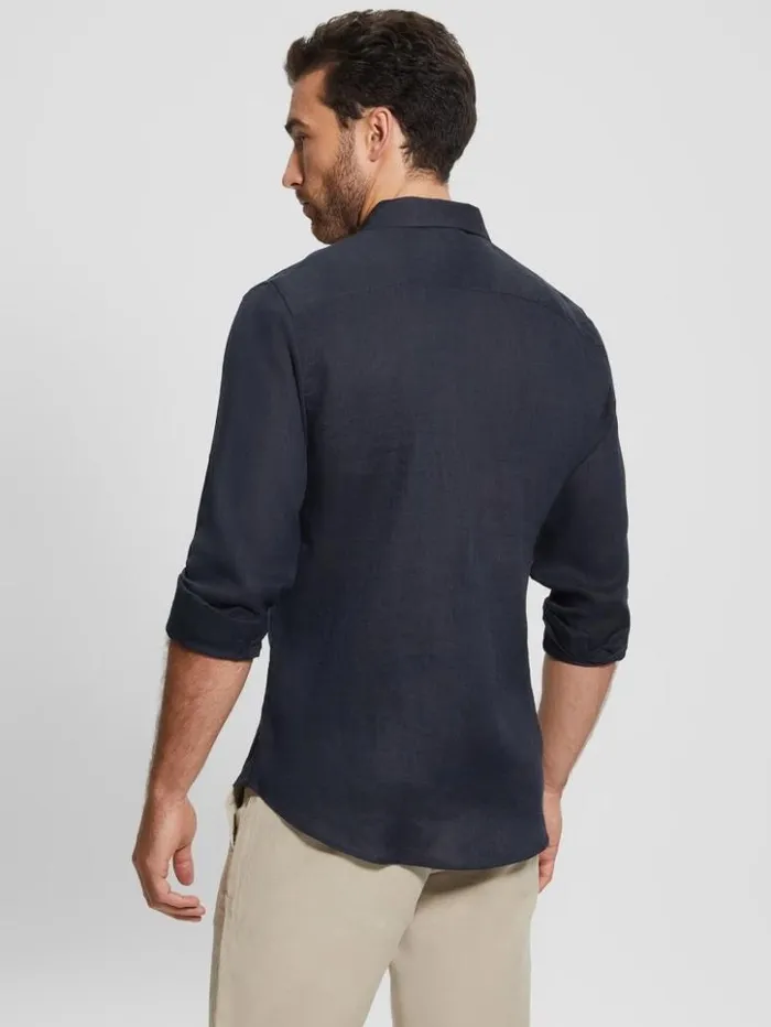 Men GUESS Shirts Eco Island Linen Shirt Bleu lgant
