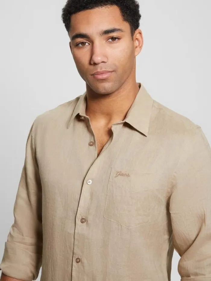 Men GUESS Shirts Eco Island Linen Shirt Natural Siena