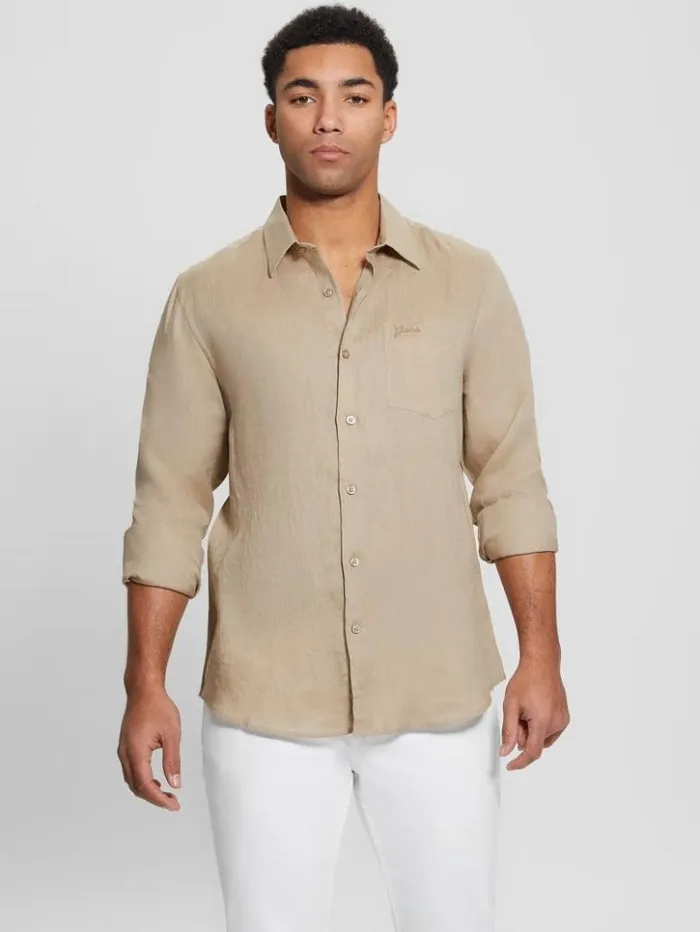 Men GUESS Shirts Eco Island Linen Shirt Natural Siena