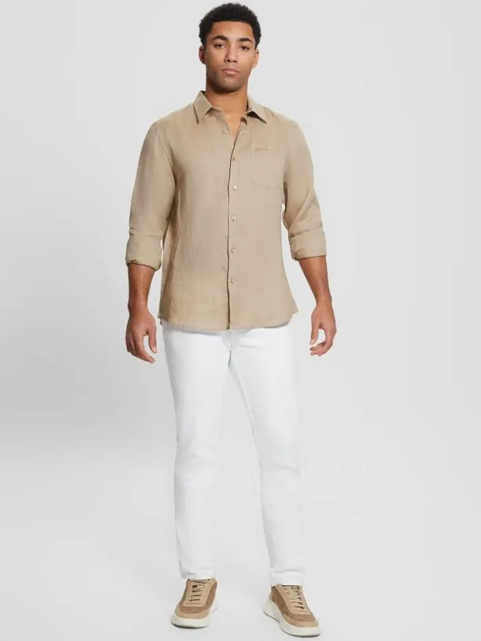 Men GUESS Shirts Eco Island Linen Shirt Natural Siena