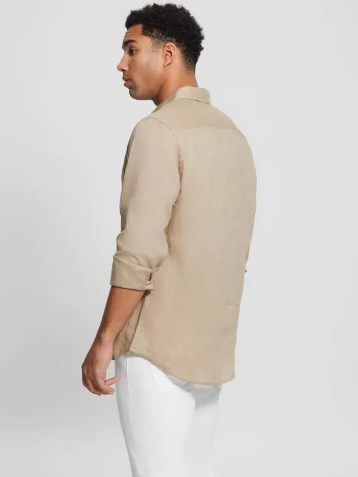 Men GUESS Shirts Eco Island Linen Shirt Natural Siena