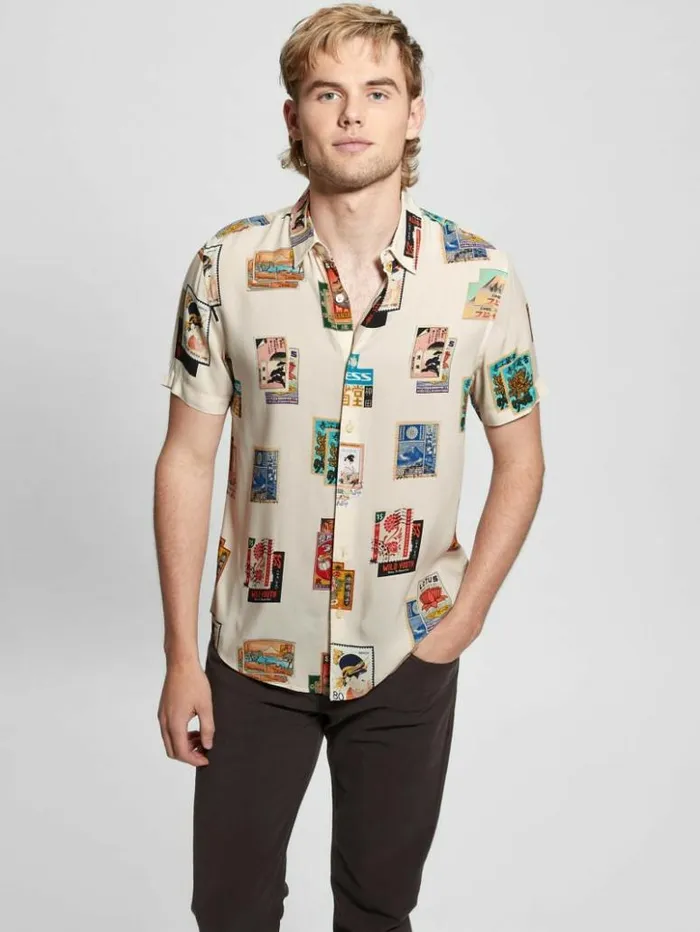 Men GUESS Shirts Eco Post Card Shirt Post Card Collage