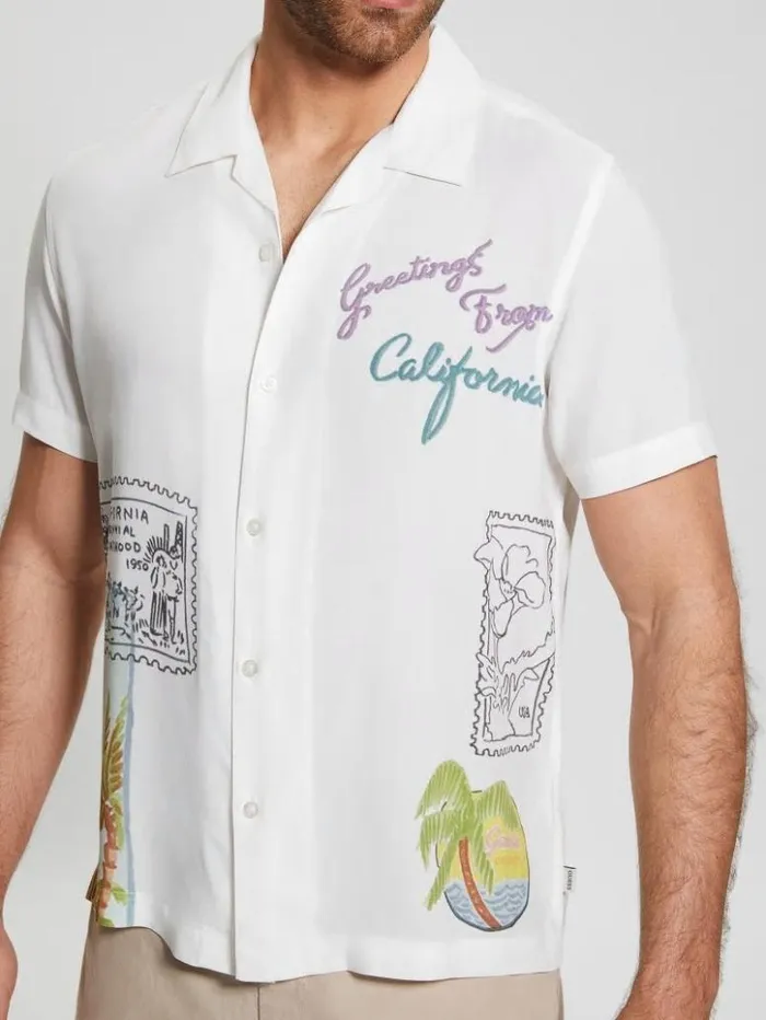 Men GUESS Shirts Eco Postage Stamp Camp Shirt Post Stamp