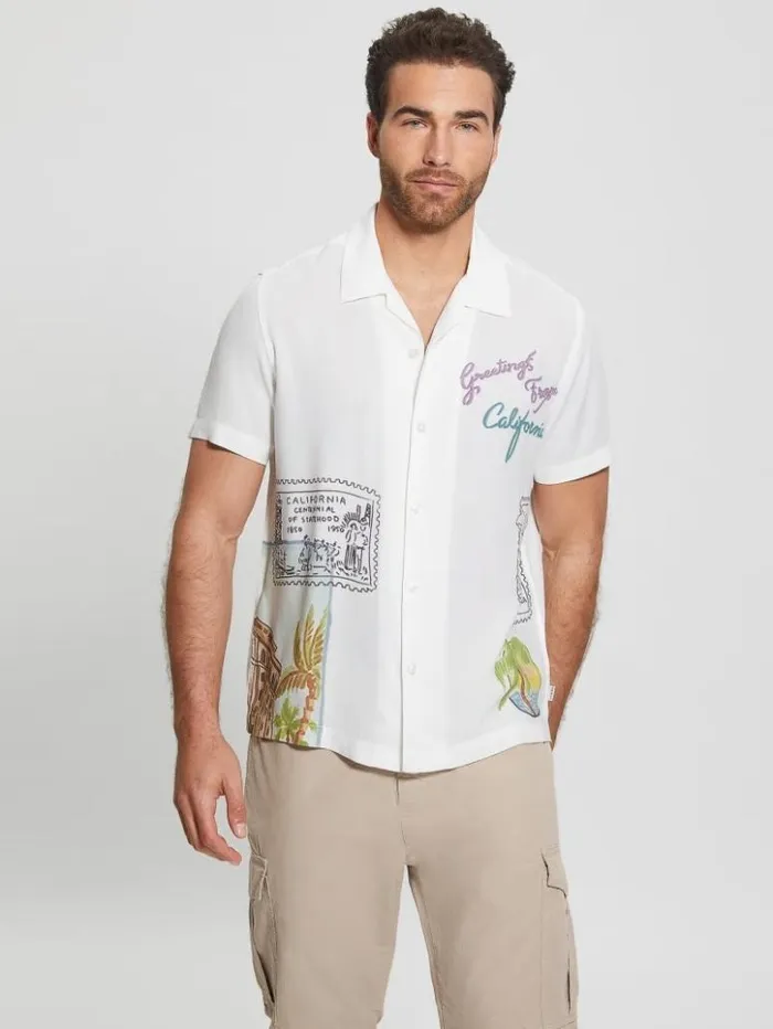 Men GUESS Shirts Eco Postage Stamp Camp Shirt Post Stamp