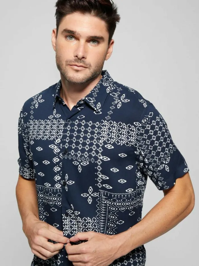 Men GUESS Shirts Eco Rayon Geometric Bandana Shirt Geo Bandana