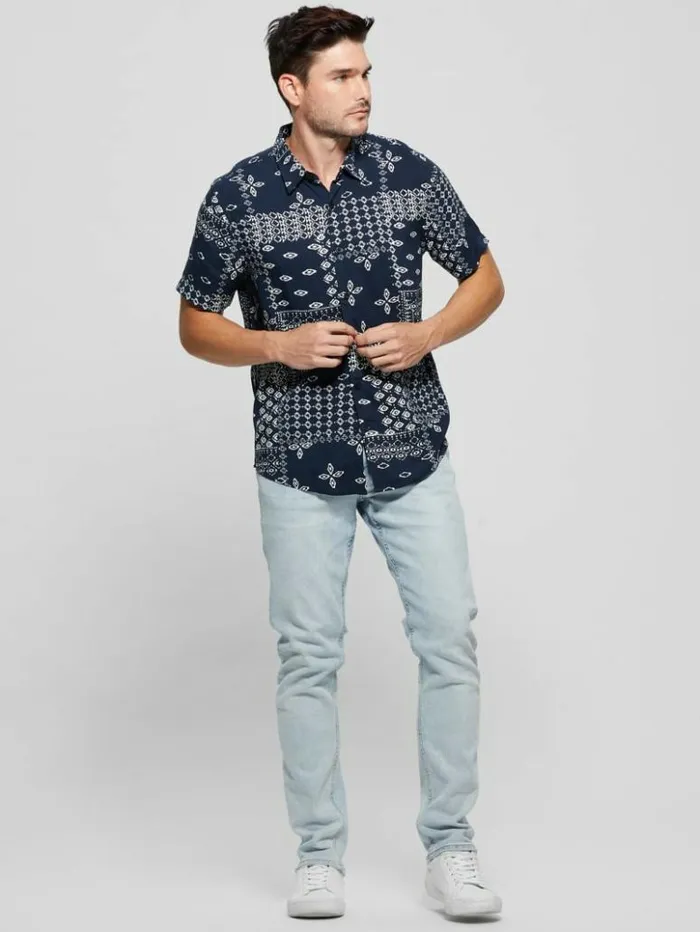 Men GUESS Shirts Eco Rayon Geometric Bandana Shirt Geo Bandana