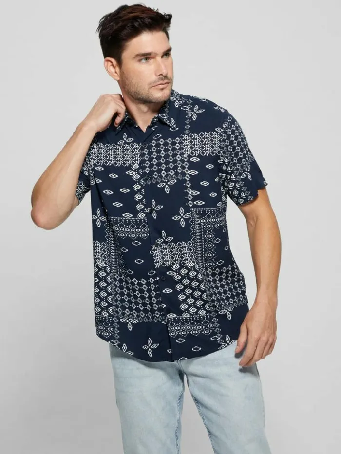 Men GUESS Shirts Eco Rayon Geometric Bandana Shirt Geo Bandana