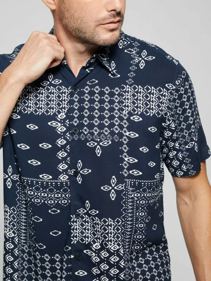 Men GUESS Shirts Eco Rayon Geometric Bandana Shirt Geo Bandana