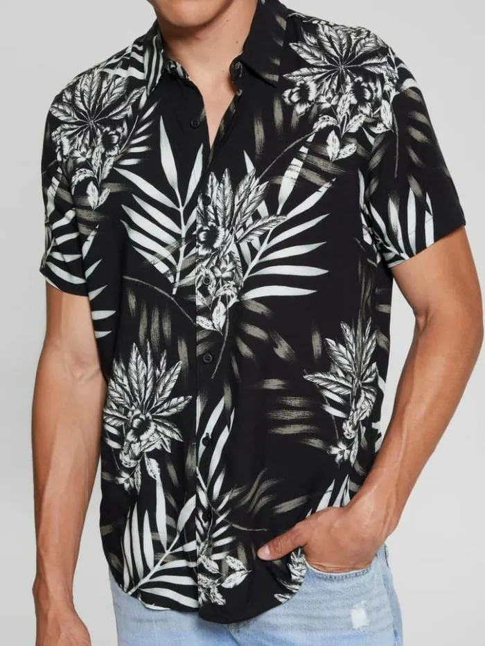 Men GUESS Shirts Eco Rayon Palm Shirt Moroccan Palm