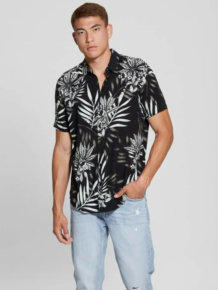 Men GUESS Shirts Eco Rayon Palm Shirt Moroccan Palm