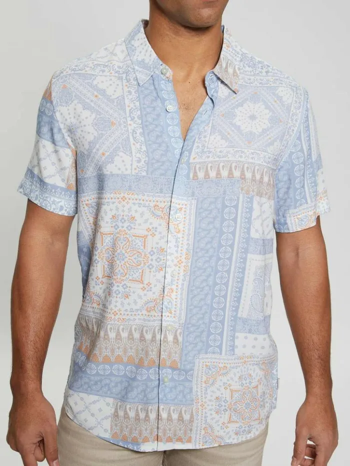 Men GUESS Shirts Eco Rayon Patchwork Shirt Patchwork Tile