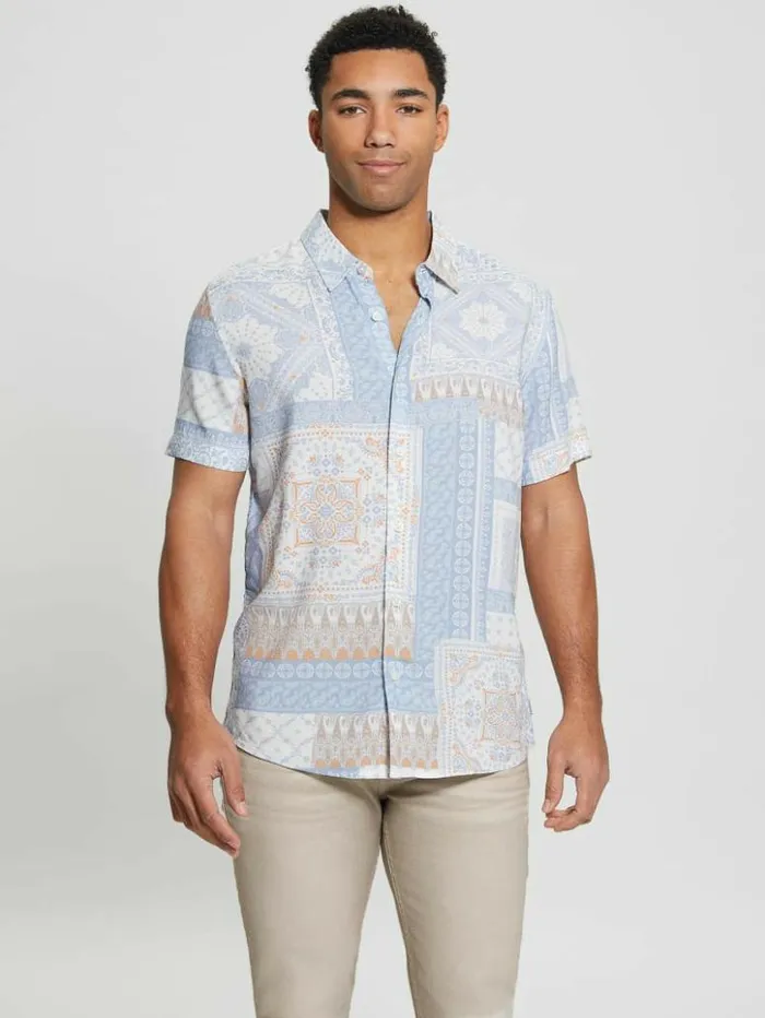 Men GUESS Shirts Eco Rayon Patchwork Shirt Patchwork Tile
