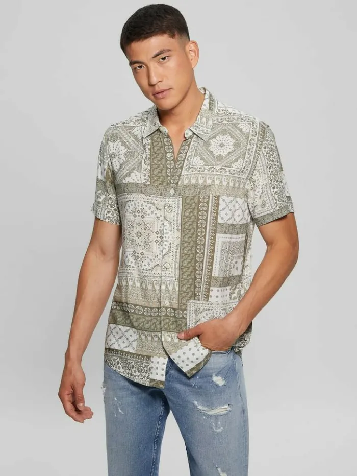 Men GUESS Shirts Eco Rayon Patchwork Shirt Patchwork Tile Green