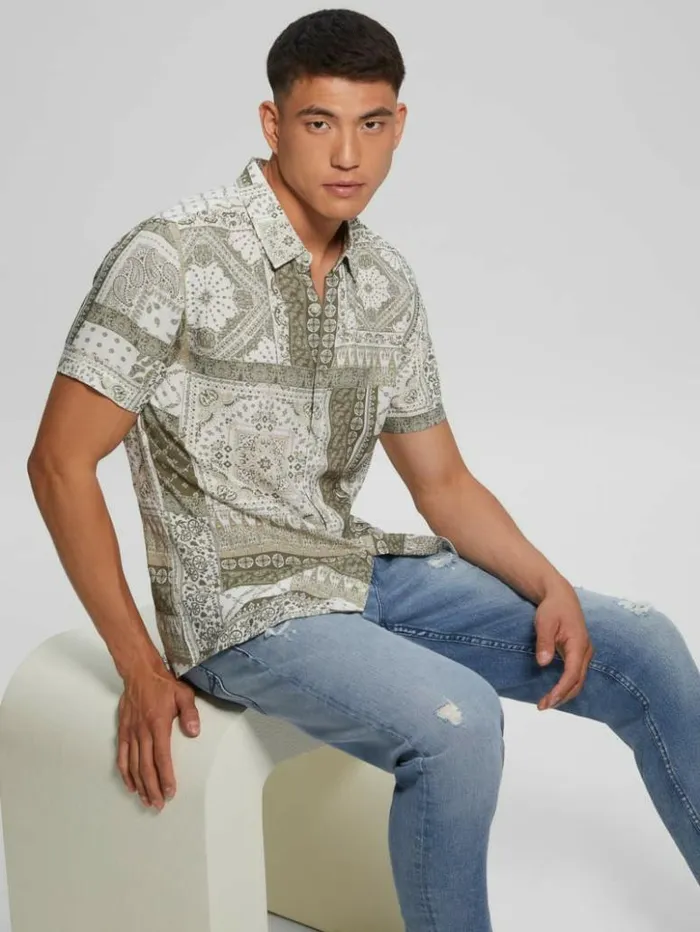 Men GUESS Shirts Eco Rayon Patchwork Shirt Patchwork Tile Green