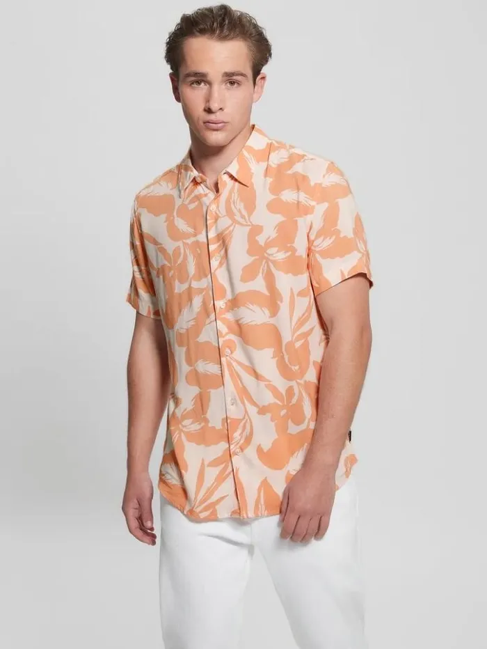 Men GUESS Shirts Eco Rayon Retro Palm Shirt Retro Palm Peach