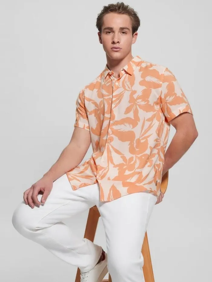 Men GUESS Shirts Eco Rayon Retro Palm Shirt Retro Palm Peach