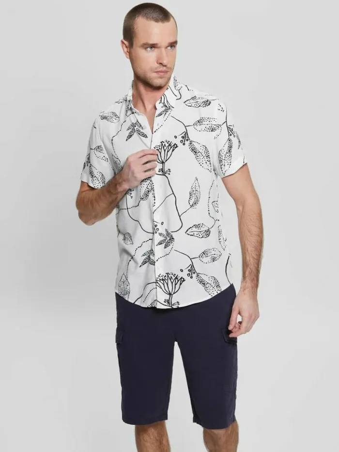 Men GUESS Shirts Eco Rayon Stencil Flower Shirt Stencil Floral Salt White