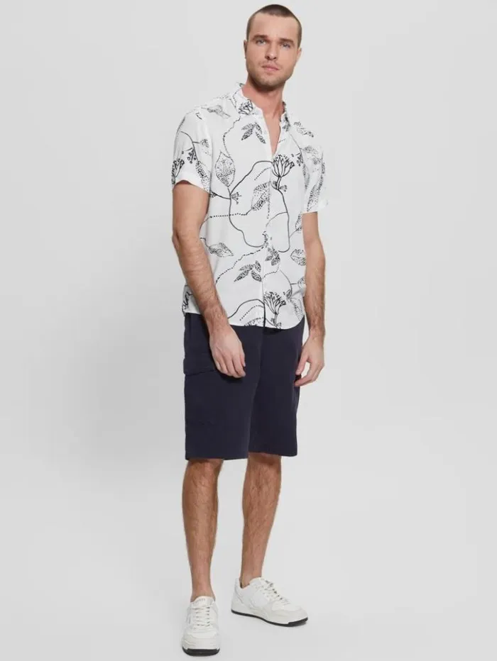 Men GUESS Shirts Eco Rayon Stencil Flower Shirt Stencil Floral Salt White
