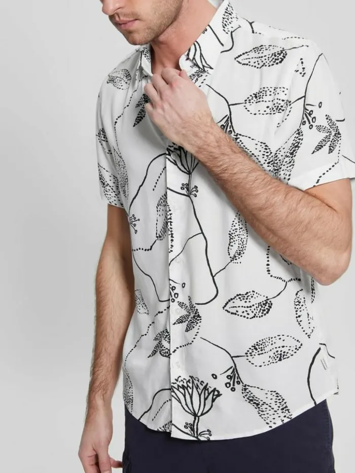 Men GUESS Shirts Eco Rayon Stencil Flower Shirt Stencil Floral Salt White
