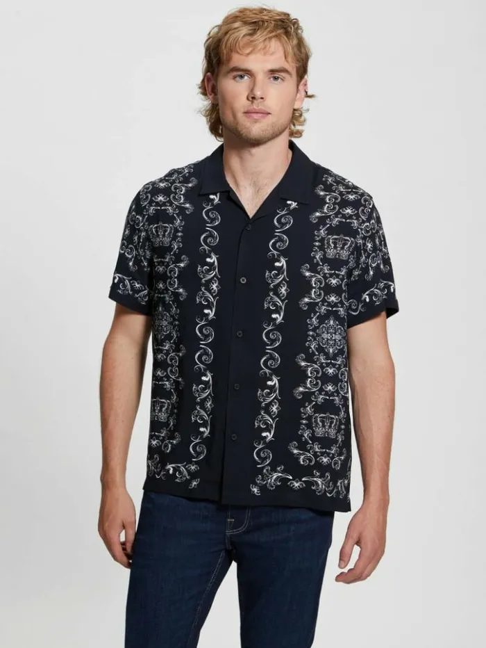 Men GUESS Shirts Eco Royal Scroll Shirt Royal Scroll
