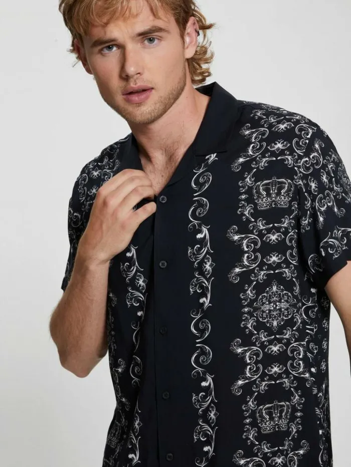 Men GUESS Shirts Eco Royal Scroll Shirt Royal Scroll