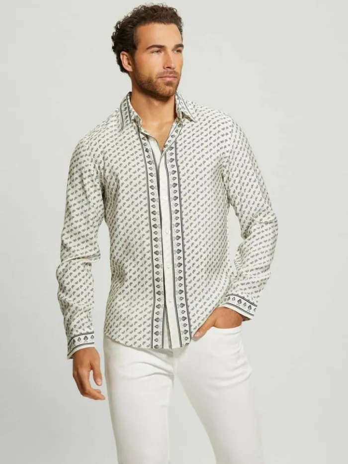 Men GUESS Shirts Eco Sandwash Bandana Shirt Sashiko Bandana Off White