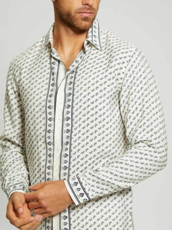 Men GUESS Shirts Eco Sandwash Bandana Shirt Sashiko Bandana Off White