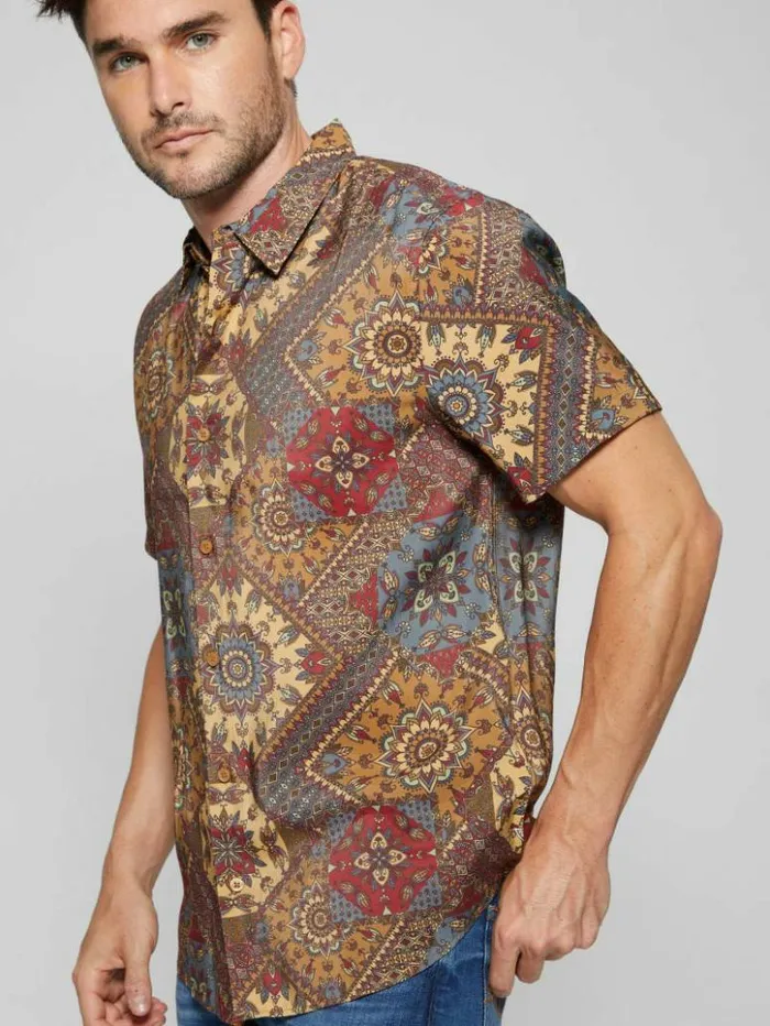 Men GUESS Shirts Eco Sandwash Shashiko Shirt Free Spirit Shashiko Red