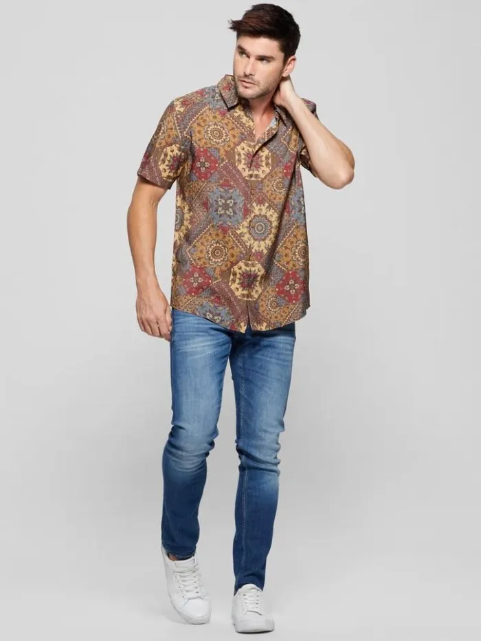 Men GUESS Shirts Eco Sandwash Shashiko Shirt Free Spirit Shashiko Red
