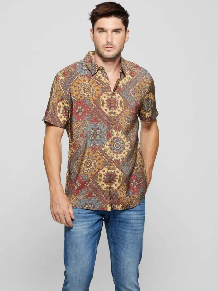 Men GUESS Shirts Eco Sandwash Shashiko Shirt Free Spirit Shashiko Red