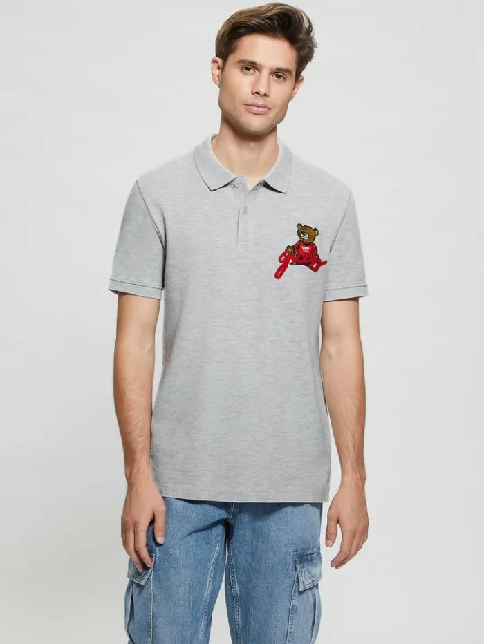 Men GUESS Shirts Embroidered Bear Polo Light Stone Heather
