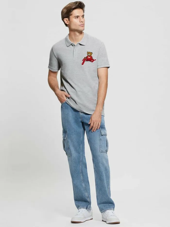 Men GUESS Shirts Embroidered Bear Polo Light Stone Heather
