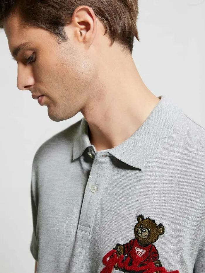 Men GUESS Shirts Embroidered Bear Polo Light Stone Heather