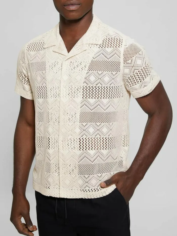 Men GUESS Shirts Geometric Knit Crochet Shirt Muted Stone