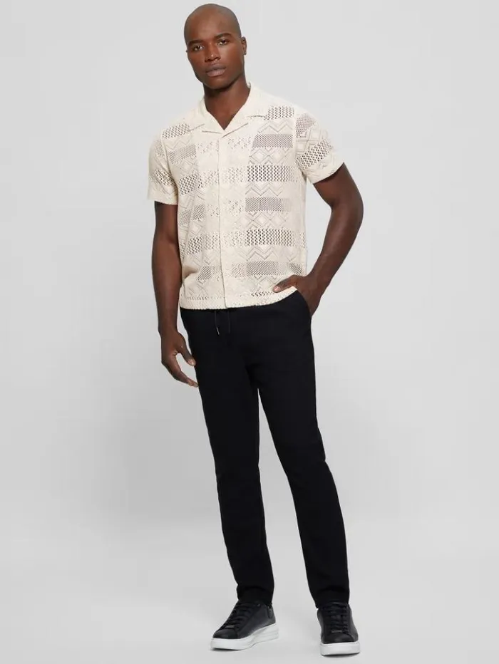 Men GUESS Shirts Geometric Knit Crochet Shirt Muted Stone