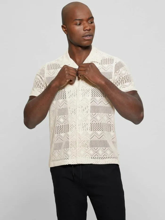 Men GUESS Shirts Geometric Knit Crochet Shirt Muted Stone