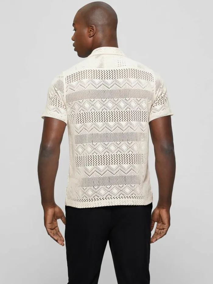 Men GUESS Shirts Geometric Knit Crochet Shirt Muted Stone