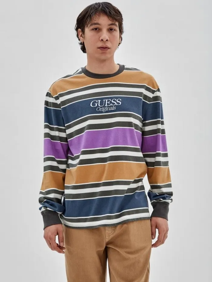 Men GUESS Shirts GUESS Originals Block Striped Tee Pure White Multi