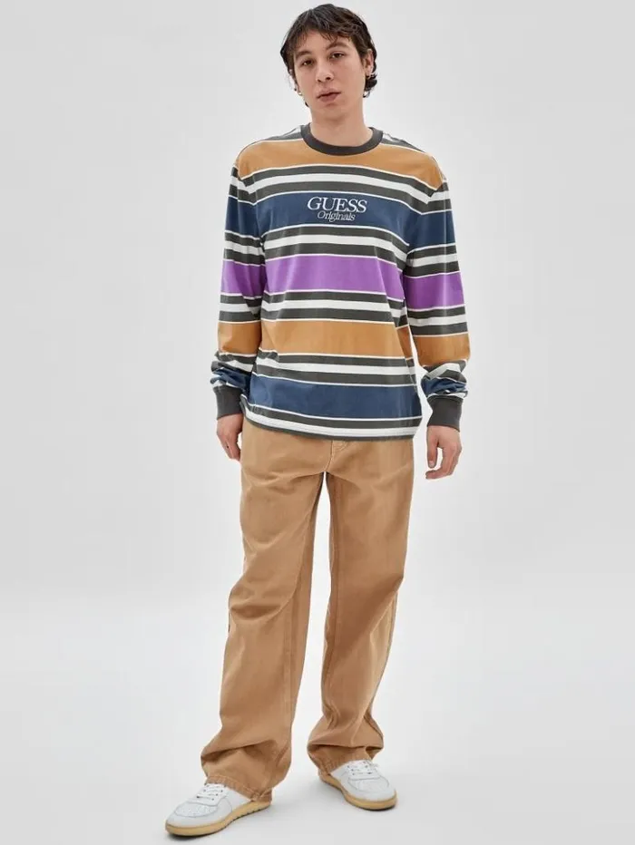 Men GUESS Shirts GUESS Originals Block Striped Tee Pure White Multi
